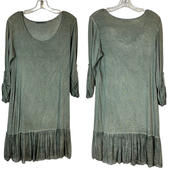 Green Mini Tunic Dress Ruffle Hem Soft Made in Italy Lagenlook Minimalist - Picture 8 of 8